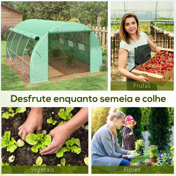 Estufa de Túnel de Jardim 397x300x200 cm com Porta Lateriais e Janelas Enroláveis Cobertura de PE 140g/m² e Metal Galvanizado para Cultivos de Plantas Verduras Verde