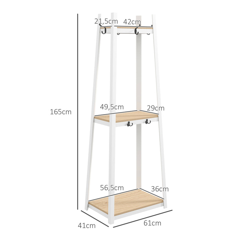 Suporte para Cabides de 3 Níveis Suporte para Cabides com 6 Ganchos e Prateleiras de Armazenamento para Entrada Corredor Quarto Sala 61x41x165 cm Natural