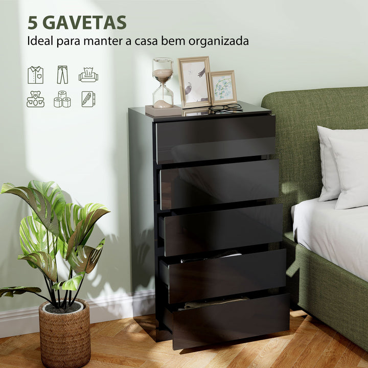 Cómoda com 5 Gavetas de Madeira Cómoda de Dormitório Cómoda Preta para Sala de Estar Estilo Moderno 55x34x100 cm Preto