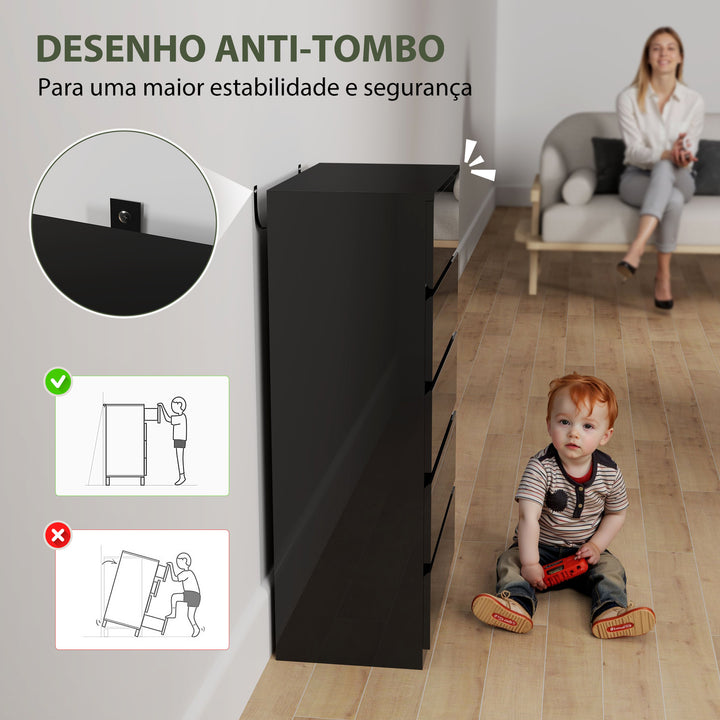 Cómoda com 5 Gavetas de Madeira Cómoda de Dormitório Cómoda Preta para Sala de Estar Estilo Moderno 55x34x100 cm Preto