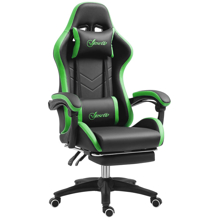 Cadeira Gaming Reclinável até 135° com Suporte Lombar Altura Ajustável Almofada de Cabeça e Apoio para os Pés Retrátil 65x65x121-129 cm Preto e Verde