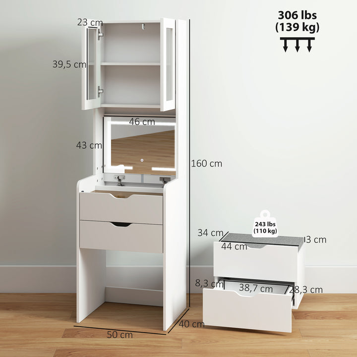 Toucador de Maquilhagem com Luzes LED de 3 Cores Espelho Rebatível e Banco Acolchoado Mesa de Maquilhagem de Vidro Visível com 3 Gavetas e Prateleiras para Espaços Reduzidos 50x40x160 cm Branco