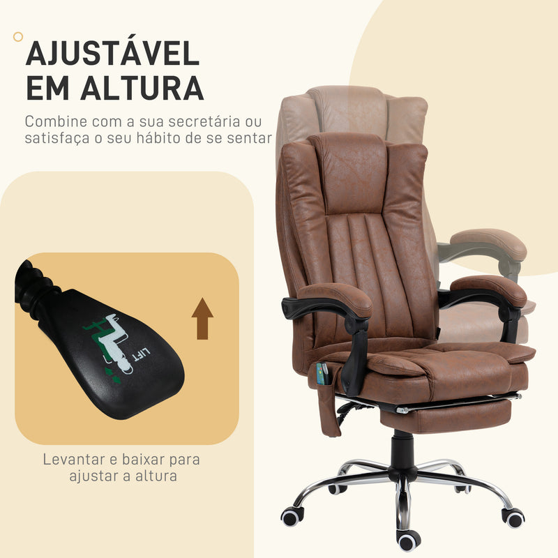 Cadeira de Massagem com 6 Pontos de Massagem Cadeira Giratória de Escritório Reclinável com Altura Ajustável Função de Aquecimento Apoio para os Pés Retrátil e Comando à Distância Marrom