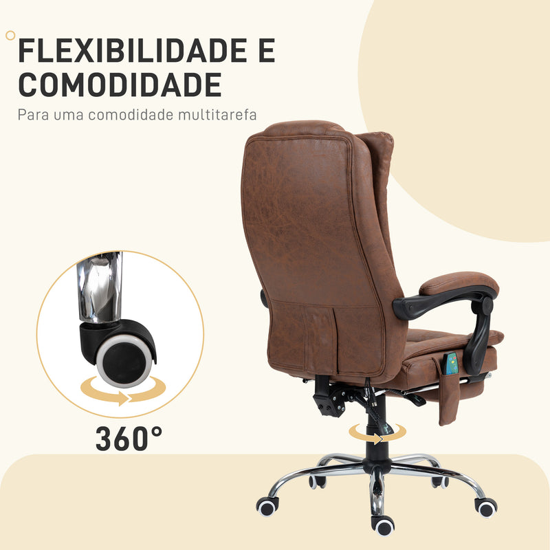 Cadeira de Massagem com 6 Pontos de Massagem Cadeira Giratória de Escritório Reclinável com Altura Ajustável Função de Aquecimento Apoio para os Pés Retrátil e Comando à Distância Marrom