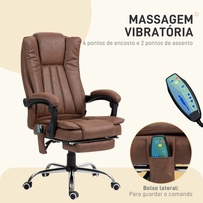 Cadeira de Massagem com 6 Pontos de Massagem Cadeira Giratória de Escritório Reclinável com Altura Ajustável Função de Aquecimento Apoio para os Pés Retrátil e Comando à Distância Marrom