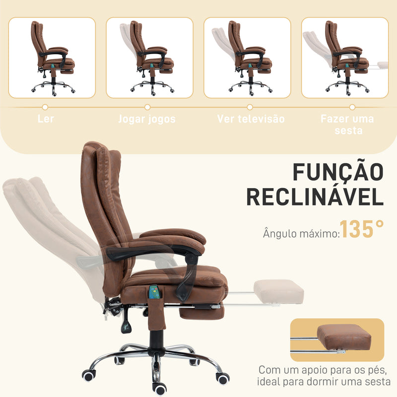 Cadeira de Massagem com 6 Pontos de Massagem Cadeira Giratória de Escritório Reclinável com Altura Ajustável Função de Aquecimento Apoio para os Pés Retrátil e Comando à Distância Marrom