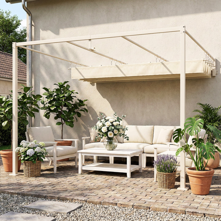 Pérgola de Parede para Jardim 3x3 m Estrutura de Aço com Teto Retrátil Proteção UPF30+ Orifícios de Drenagem Pérgola para Terraço ou Exterior Bege