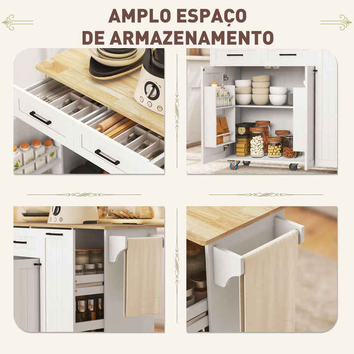 Ilha de Cozinha com Rodas Carrinho de Cozinha com Tomada USB Bancada Rebatível 2 Gavetas 2 Portas Prateleira Ajustável Porta-Temperos e Toalheiro 119,5x74x94,5 cm Branco