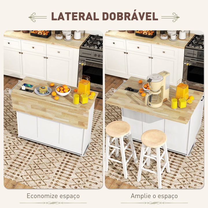 Ilha de Cozinha com Rodas Carrinho de Cozinha com Tomada USB Bancada Rebatível 2 Gavetas 2 Portas Prateleira Ajustável Porta-Temperos e Toalheiro 119,5x74x94,5 cm Branco