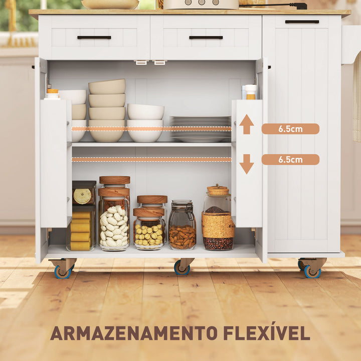 Ilha de Cozinha com Rodas Carrinho de Cozinha com Tomada USB Bancada Rebatível 2 Gavetas 2 Portas Prateleira Ajustável Porta-Temperos e Toalheiro 119,5x74x94,5 cm Branco