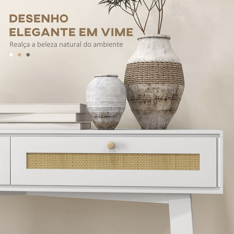 Mesa Consola para Entrada Mesa de Entrada com 2 Gavetas de Desenho de Vime e Prateleira Aberta para Sala Corredor 100x30x81 cm Branco