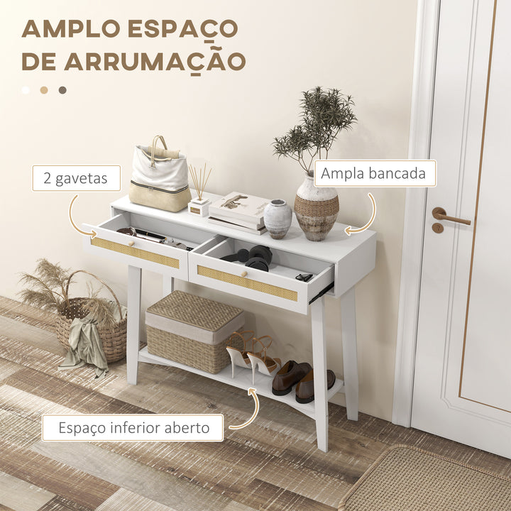 Mesa Consola para Entrada Mesa de Entrada com 2 Gavetas de Desenho de Vime e Prateleira Aberta para Sala Corredor 100x30x81 cm Branco