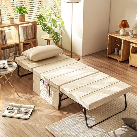 Sofá Cama 4 em 1 Poltrona Cama Desdobrável Estofado em Linho com Encosto Ajustável em 5 Níveis e Almofada Acolchoada para Escritório, Quarto Sala 75x80x74 cm Creme