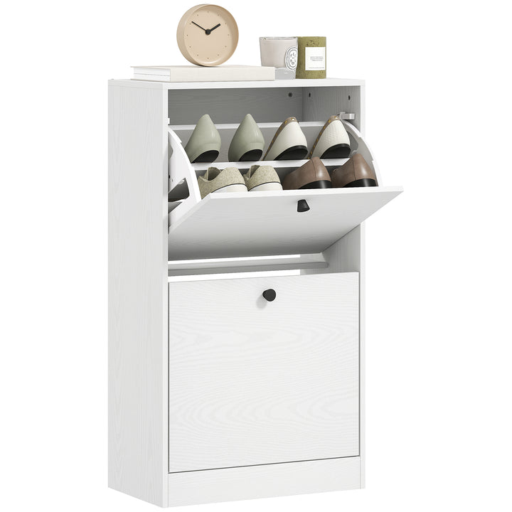 Sapateira Estreita Móvel Sapateira de Entrada com 2 Gavetas Abatíveis e Prateleiras Ajustáveis para 8 Pares de Sapatos Armário para Sapatos para Corredor 47x26x85 cm Branco