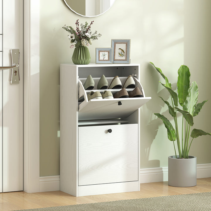 Sapateira Estreita Móvel Sapateira de Entrada com 2 Gavetas Abatíveis e Prateleiras Ajustáveis para 8 Pares de Sapatos Armário para Sapatos para Corredor 47x26x85 cm Branco