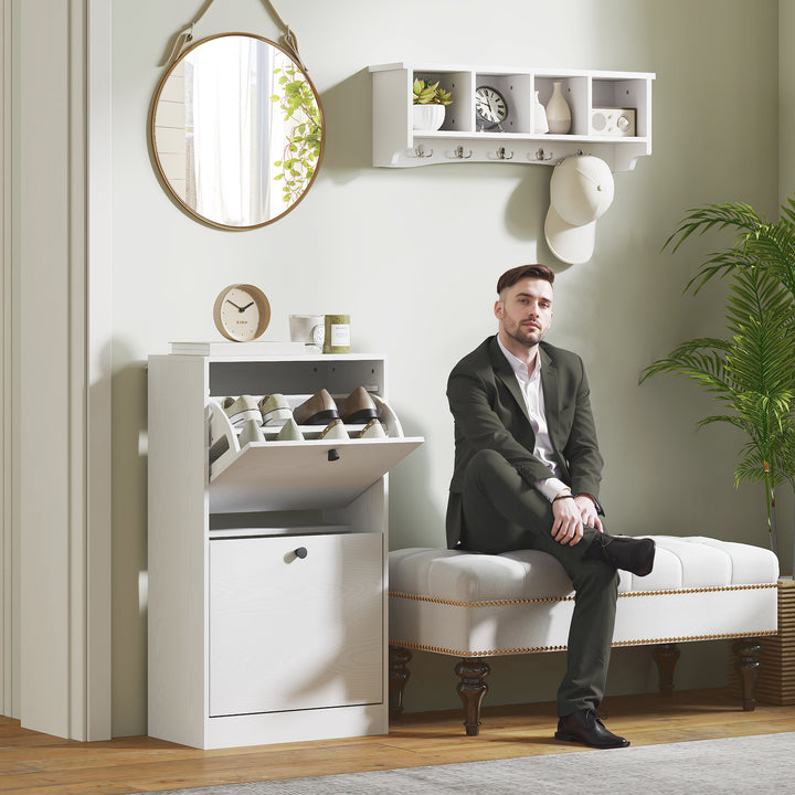 Sapateira Estreita Móvel Sapateira de Entrada com 2 Gavetas Abatíveis e Prateleiras Ajustáveis para 8 Pares de Sapatos Armário para Sapatos para Corredor 47x26x85 cm Branco