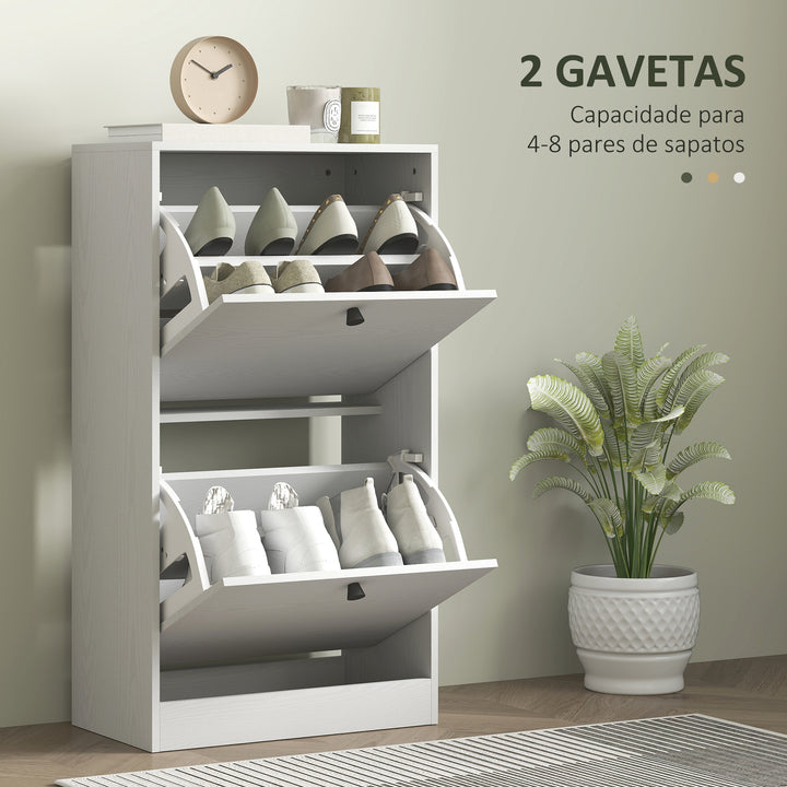Sapateira Estreita Móvel Sapateira de Entrada com 2 Gavetas Abatíveis e Prateleiras Ajustáveis para 8 Pares de Sapatos Armário para Sapatos para Corredor 47x26x85 cm Branco