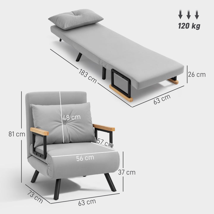 Poltrona Convertível em Cama Dobrável Poltrona 3 em 1 Convertível em Cama com Encosto Ajustável em 5 Níveis e Almofada Acolchoada Carga 120 kg 63x73x81 cm Cinza Claro