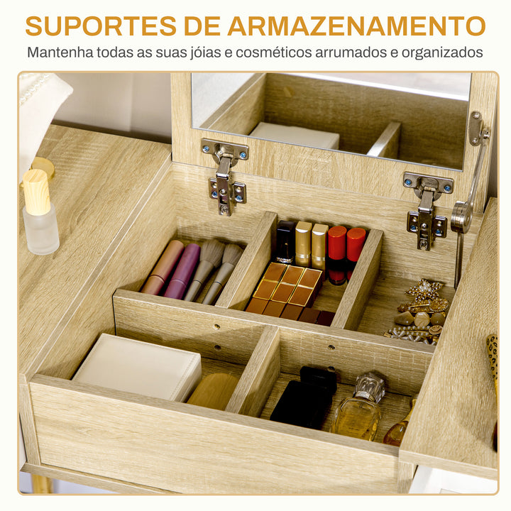 Penteadeira com espelho dobravel Gavetas e Banqueta 100x45x118 Cor Natural