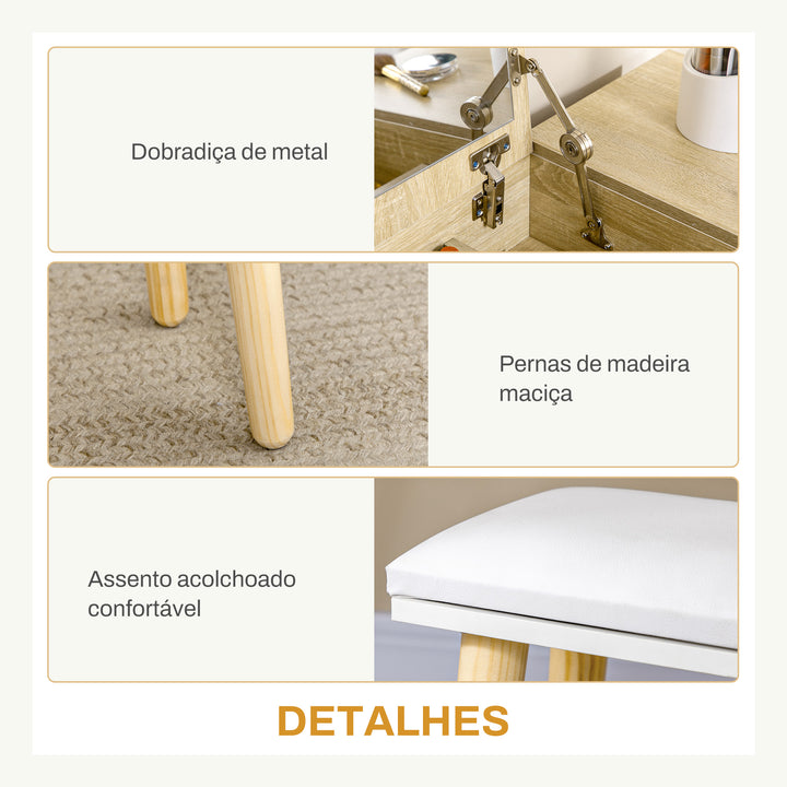 Penteadeira com espelho dobravel Gavetas e Banqueta 100x45x118 Cor Natural