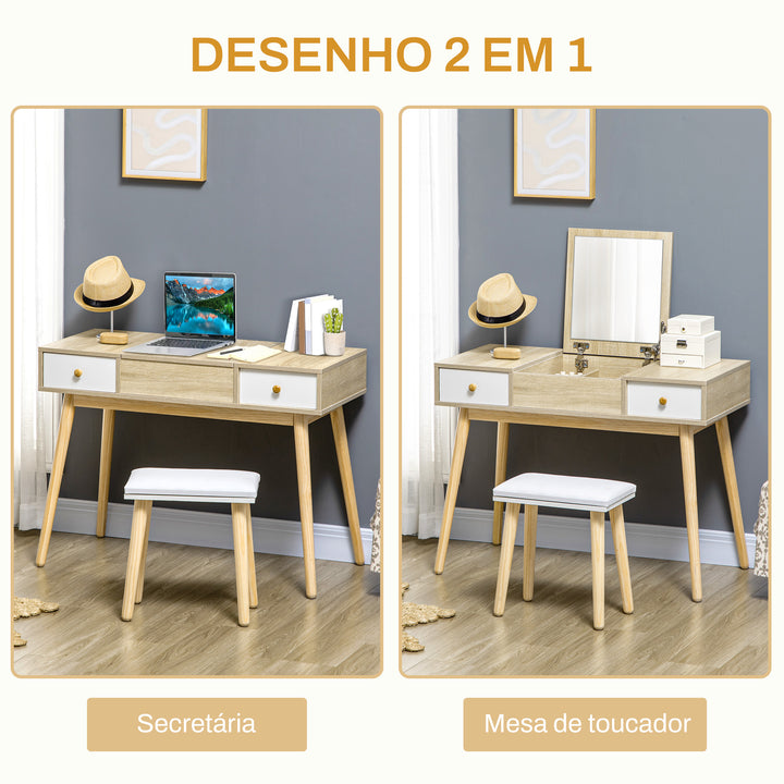 Penteadeira com espelho dobravel Gavetas e Banqueta 100x45x118 Cor Natural