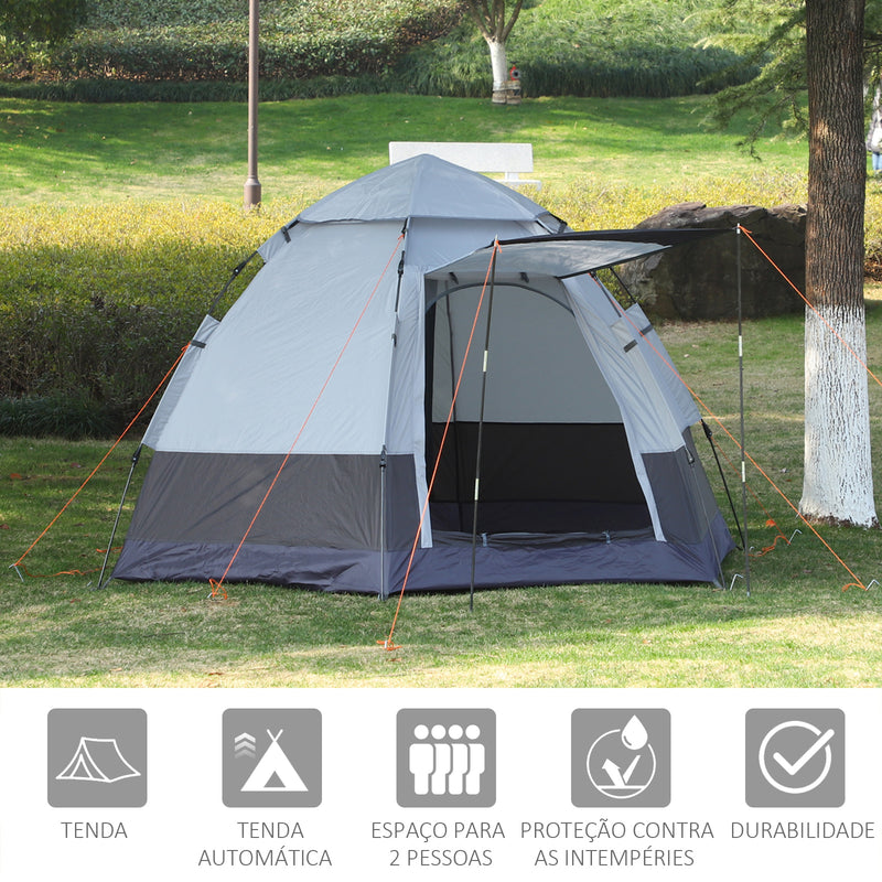 Tenda de Campismo para 2 Pessoas Tenda de Campismo Dobrável com 2 Portas Impermeável Anti-UV E Bolsa de Transporte 260x260x150 cm Preto e Cinza