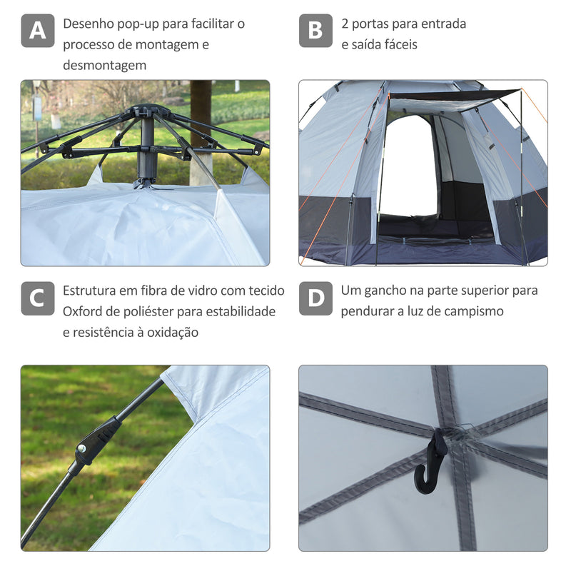 Tenda de Campismo para 2 Pessoas Tenda de Campismo Dobrável com 2 Portas Impermeável Anti-UV E Bolsa de Transporte 260x260x150 cm Preto e Cinza