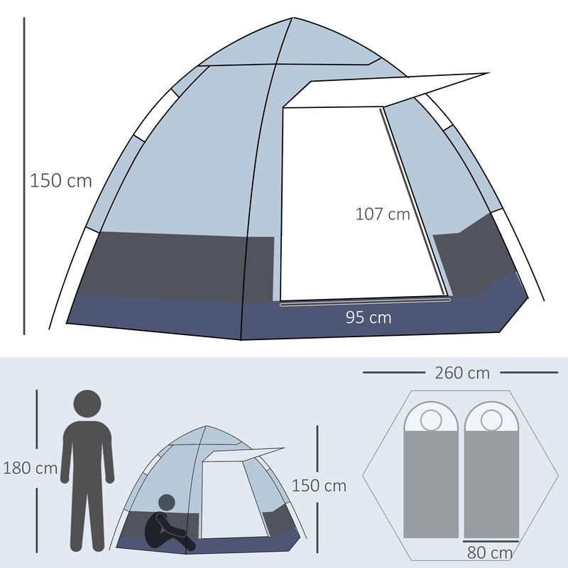 Tenda de Campismo para 2 Pessoas Tenda de Campismo Dobrável com 2 Portas Impermeável Anti-UV E Bolsa de Transporte 260x260x150 cm Preto e Cinza