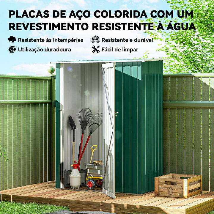 Abrigo de Jardim 142x84x189cm Abrigo de Jardim de Aço Galvanizado com Porta Fechadura e Orifícios de Drenagem para Armazenamento de Ferramentas Verde