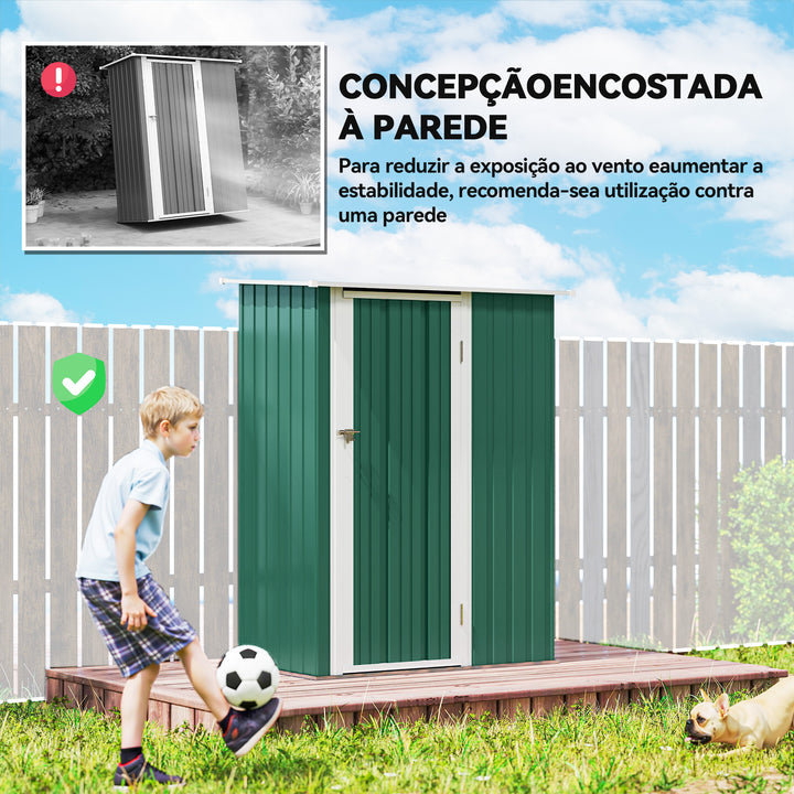 Abrigo de Jardim 142x84x189cm Abrigo de Jardim de Aço Galvanizado com Porta Fechadura e Orifícios de Drenagem para Armazenamento de Ferramentas Verde