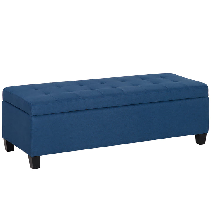 Banco de Armazenamento Acolchoado Banco Estofado em Linho Tampa com Abertura para Sala de Estar Entrada Dormitório Carga Máxima 120 kg 125x49x41,5 cm Azul Escuro