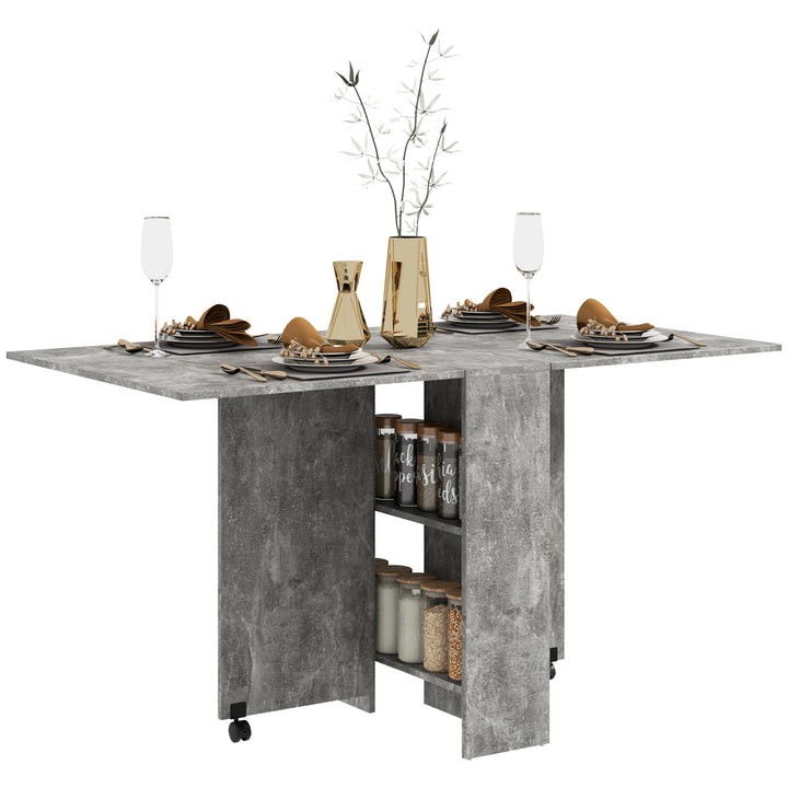 Mesa de Sala de Jantar Dobrável Mesa de Madeira com 2 Prateleiras de Armazenamento e Rodas para Cozinha 75x140x74 cm Cinza