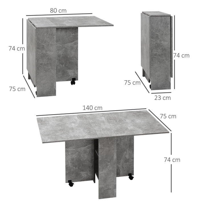 Mesa de Sala de Jantar Dobrável Mesa de Madeira com 2 Prateleiras de Armazenamento e Rodas para Cozinha 75x140x74 cm Cinza