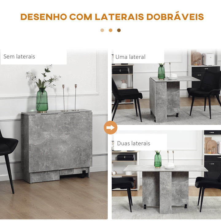 Mesa de Sala de Jantar Dobrável Mesa de Madeira com 2 Prateleiras de Armazenamento e Rodas para Cozinha 75x140x74 cm Cinza