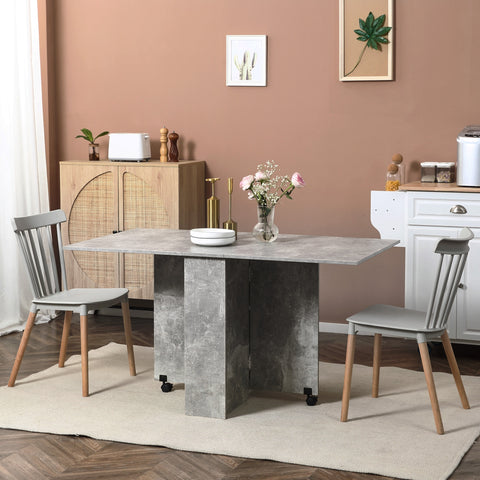Mesa de Sala de Jantar Dobrável Mesa de Madeira com 2 Prateleiras de Armazenamento e Rodas para Cozinha 75x140x74 cm Cinza