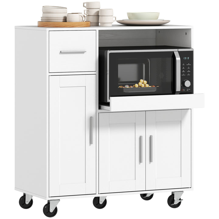 Móvel Auxiliar de Cozinha com Rodas Aparador de Cozinha para Microondas com Bandeja Deslizante Gaveta 3 Portas Prateleira Ajustável e Orifício para Cabos para Sala 80x40x88,7 cm Branco
