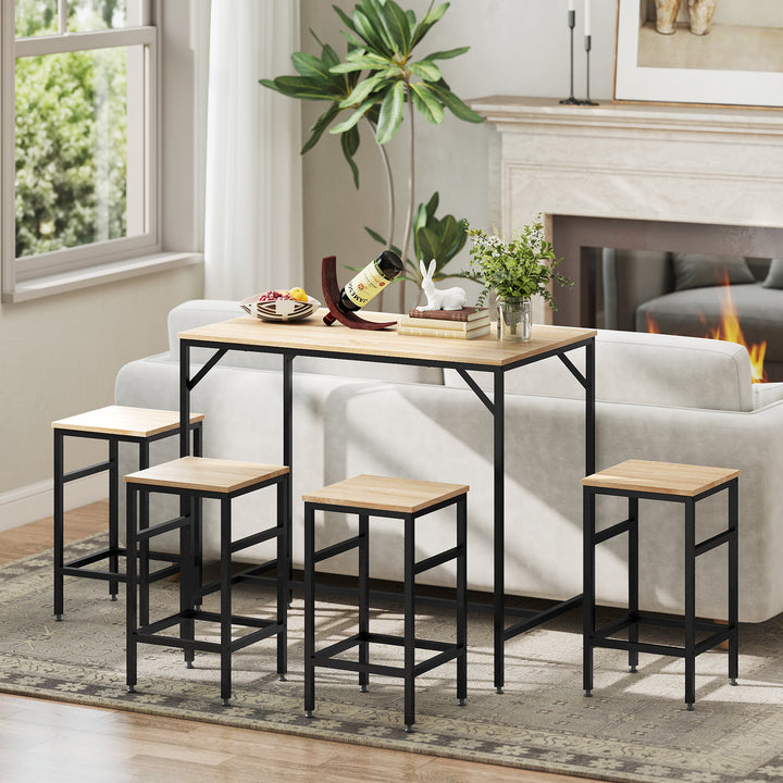 Conjunto de Mesa de Bar com 4 Bancos com Apoio para os Pés Conjunto de Móveis de 5 Peças Mesa de 100x60x88cm e Bancos de 32x32x57cm para Sala de Jantar Cozinha Preto e Carvalho