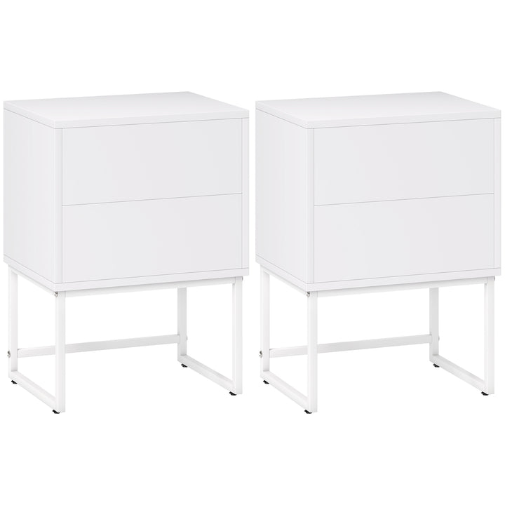 Conjunto de 2 Mesas de Cabeceira Estreitas Mesas de Cabeceira Quarto com 2 Gavetas Abertura por Pressão e Pés de Aço Estilo Moderno 40x30x55 cm Branco