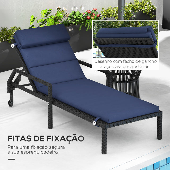 Almofada para Espreguiçadeira 196x63x6 cm Almofada para Espreguiçadeira de Algodão com Tecido Repelente à Água Almofada de Assento e Encosto para Jardim Varanda Azul