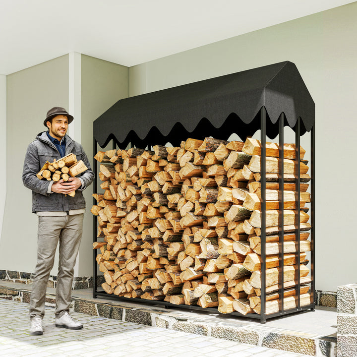 Suporte de Lenha Metálico para Exterior, 186x70x185 cm, com Cobertura Impermeável 600D Oxford, Estrutura de Aço, para Lareiras, Jardim e Terraços
