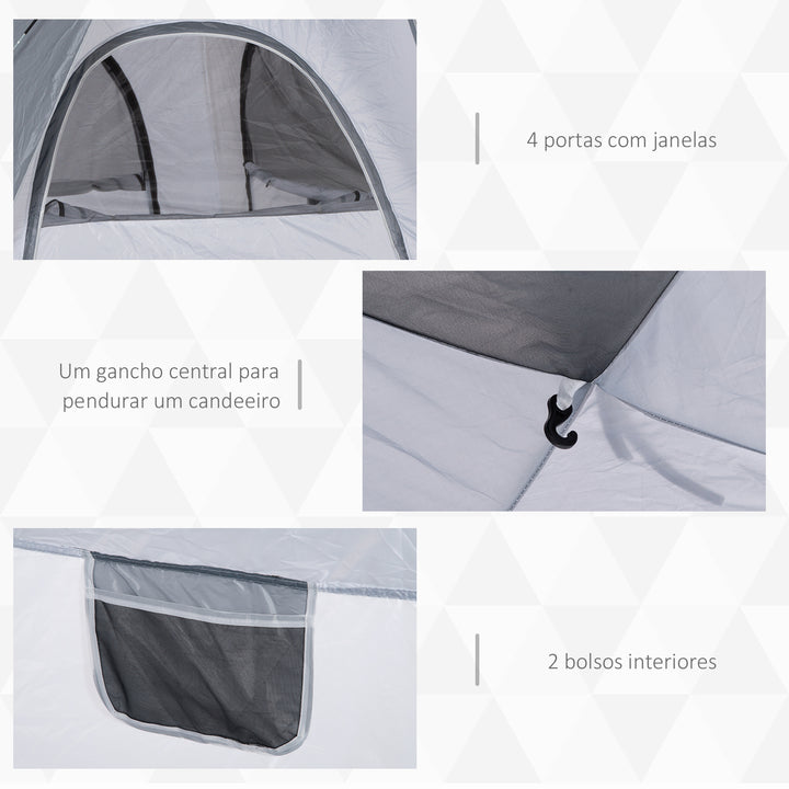 Tenda de Campismo para 4 Pessoas Tenda de Campismo Pop UP com 4 Janelas 2 Bolsos de Armazenamento e Bolsa de Transporte 240x240x199 cm Cinza