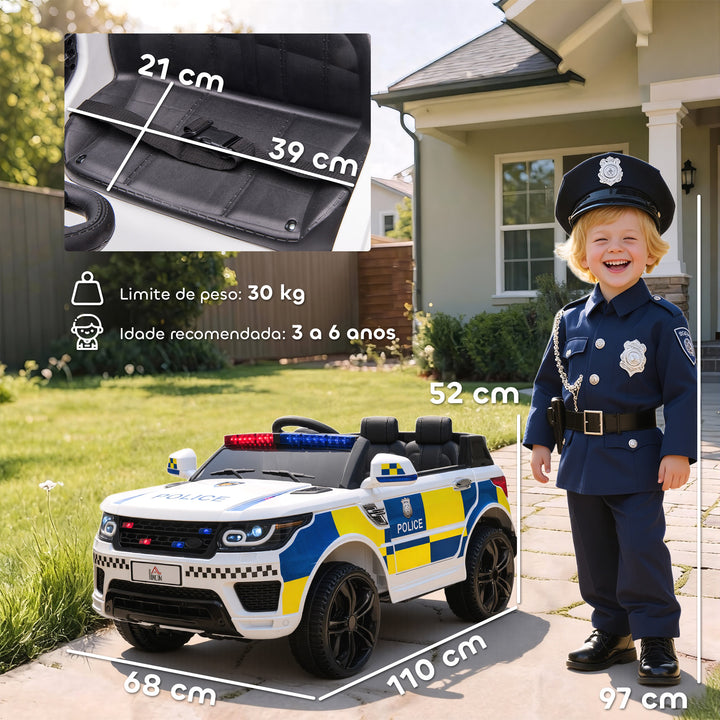 Carro Elétrico para Crianças acima de 3 Anos Carro Elétrico Infantil de Policia Carro a Bateria 12V com Controlo Remoto Bluetooth USB Luz Sirene 110x68x52 cm Branco