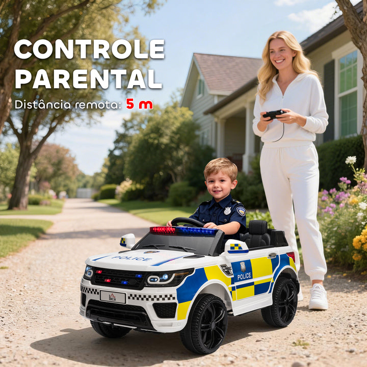 Carro Elétrico para Crianças acima de 3 Anos Carro Elétrico Infantil de Policia Carro a Bateria 12V com Controlo Remoto Bluetooth USB Luz Sirene 110x68x52 cm Branco