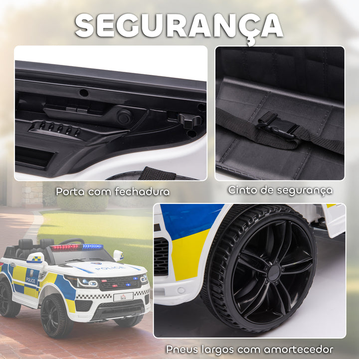 Carro Elétrico para Crianças acima de 3 Anos Carro Elétrico Infantil de Policia Carro a Bateria 12V com Controlo Remoto Bluetooth USB Luz Sirene 110x68x52 cm Branco