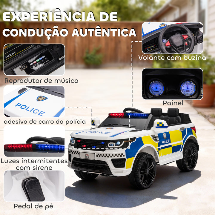 Carro Elétrico para Crianças acima de 3 Anos Carro Elétrico Infantil de Policia Carro a Bateria 12V com Controlo Remoto Bluetooth USB Luz Sirene 110x68x52 cm Branco