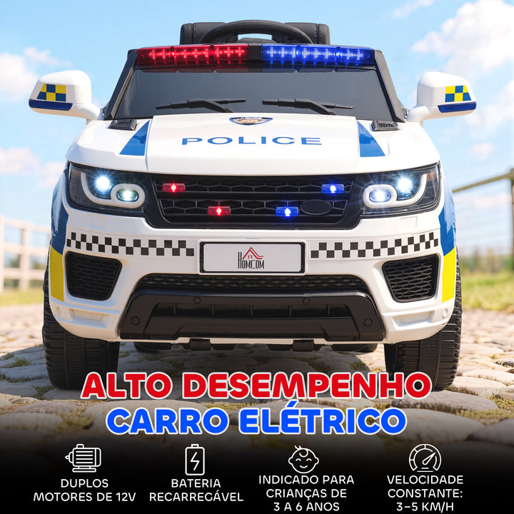 Carro Elétrico para Crianças acima de 3 Anos Carro Elétrico Infantil de Policia Carro a Bateria 12V com Controlo Remoto Bluetooth USB Luz Sirene 110x68x52 cm Branco
