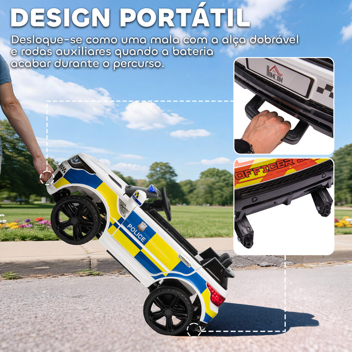 Carro Elétrico para Crianças acima de 3 Anos Carro Elétrico Infantil de Policia Carro a Bateria 12V com Controlo Remoto Bluetooth USB Luz Sirene 110x68x52 cm Branco