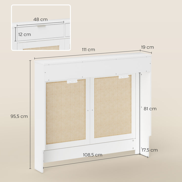 Cobertura para Radiador com Portas Rebatíveis e Vime Proteção Radiador de MDF 111x19x95,5 cm com Compartimento Desenho Boémio para Sala Quarto Branco
