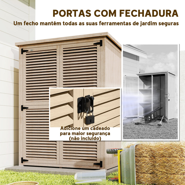Armário de Jardim de Madeira 0,83 m² 127x65x168 cm Armário Exterior de Madeira com 2 Portas de Persiana 2 Prateleiras 2 Alças e Telhado Impermeável Natural
