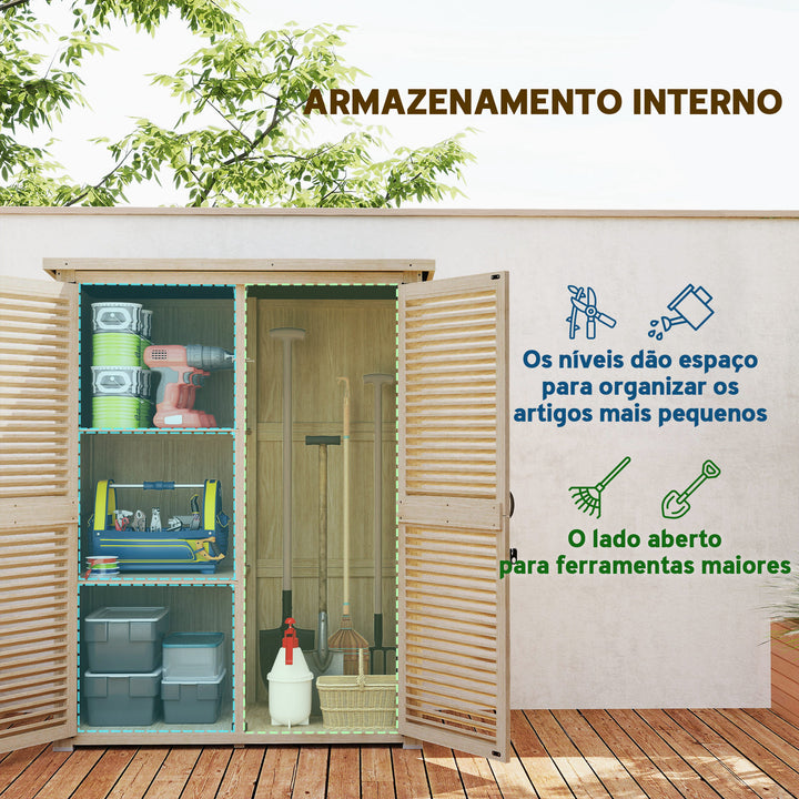 Armário de Jardim de Madeira 0,83 m² 127x65x168 cm Armário Exterior de Madeira com 2 Portas de Persiana 2 Prateleiras 2 Alças e Telhado Impermeável Natural